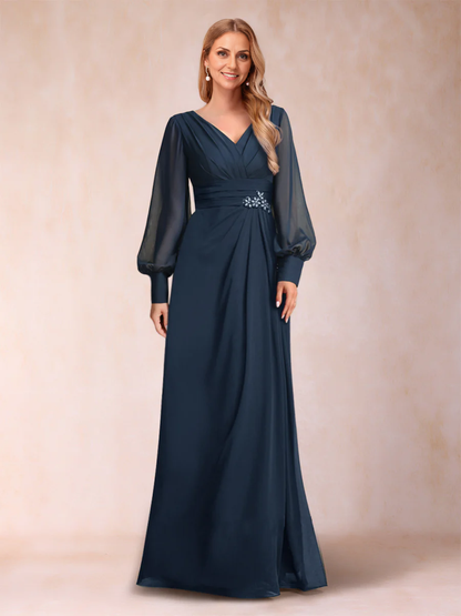 A-Line/Princess Long Sleeves V-Neck Chiffon Mother of the Bride Dresse