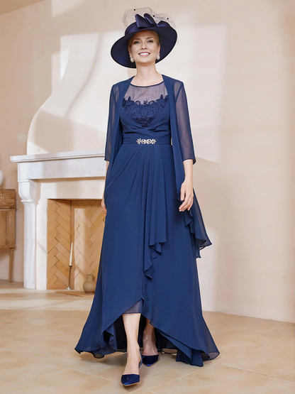 Two Piece Illusion Neckline Ruffles Chiffon Mother of the Bride Dresse With Jacket Dark Navy