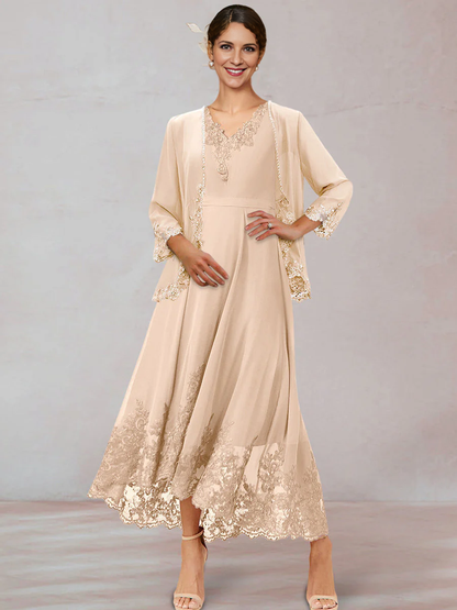 Chiffon Mother of the Bride Dresse Chiffon V-Neck 3/4 Sleeves Ankle-Length Long Evening Dress With Appliques