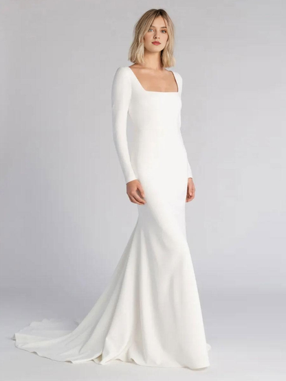 Mermaid Simple Wedding Dress Square Neck Long Sleeves Bridal Dresses With Sweep Train