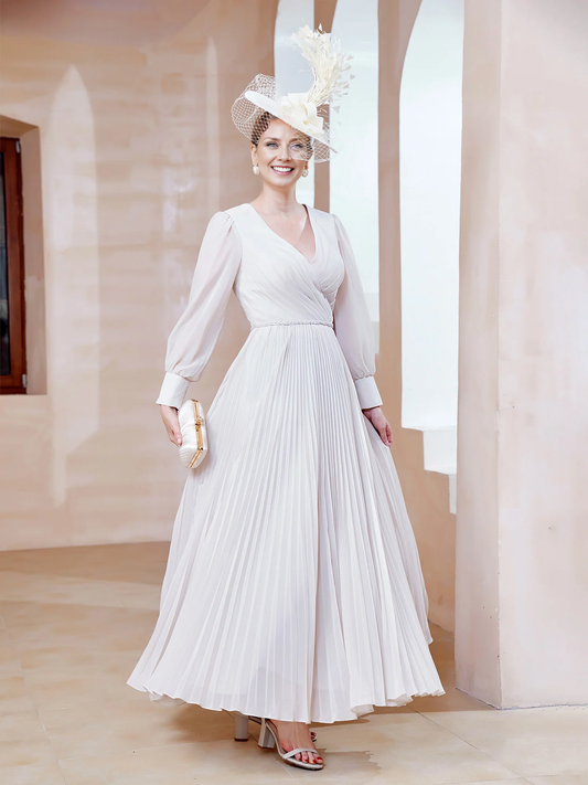 V-neck Long Sleeves Pleated Ruched Dress Ivory Floor-length Chiffon Mother of the Bride Dresse