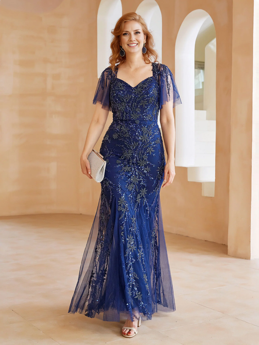 Flutter Sleeves Sweetheart Beaded Sheath Mother of the Bride Dresse with Back Slit Navy Blue