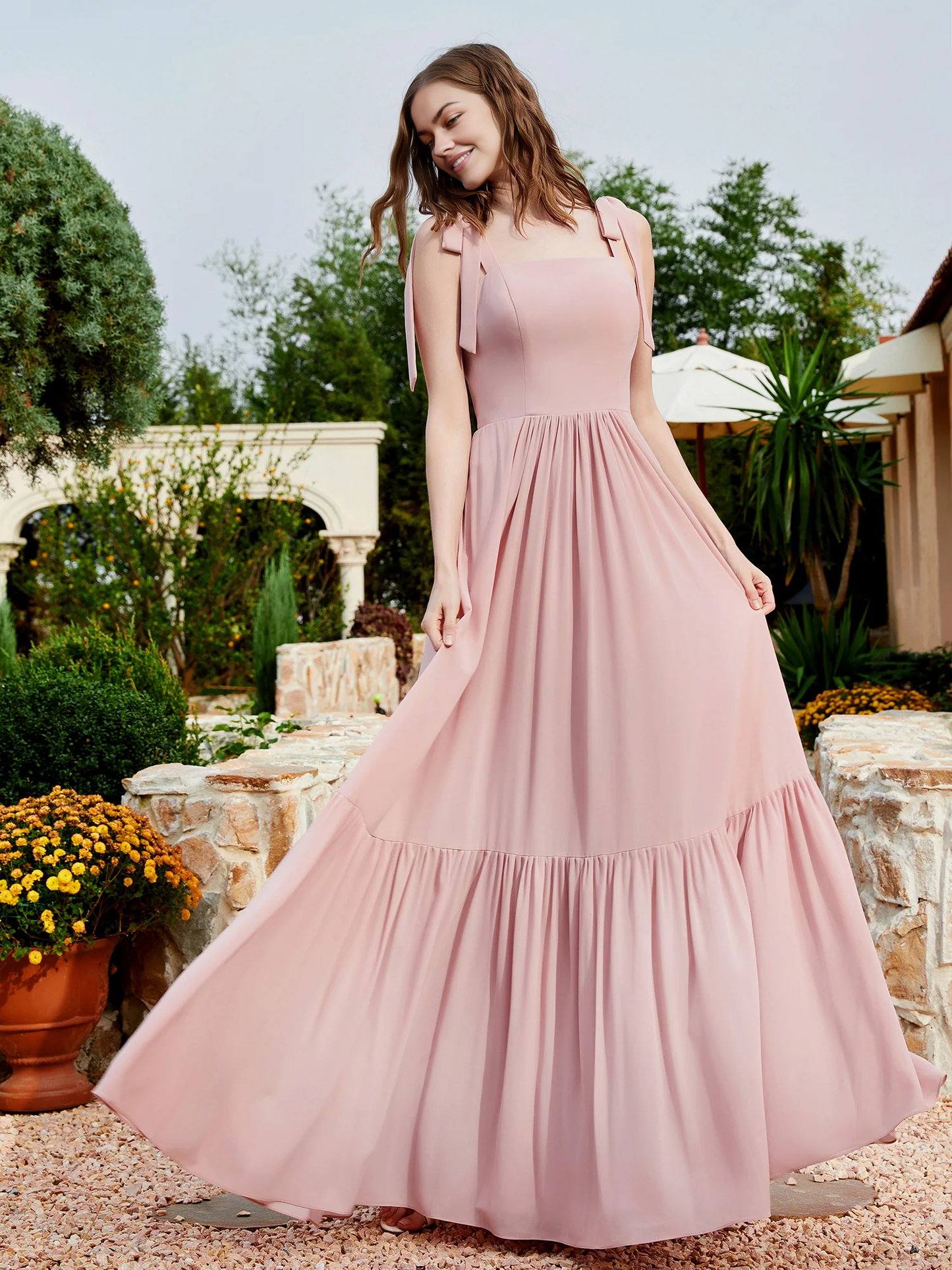 A-Line Bow Ruffle Sleeveless Chiffon Dress Bridesmaid Dress Wedding Guest Party Dress