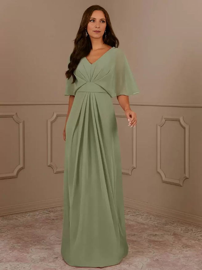 V-Neck Short Sleeves A-Line Pleated Wedding Guest Dresses Chiffon Mother of the Bride Dresse