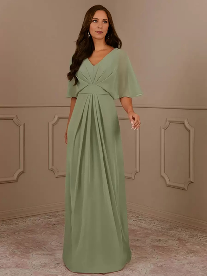 V-Neck Short Sleeves A-Line Pleated Wedding Guest Dresses Chiffon Mother of the Bride Dresse