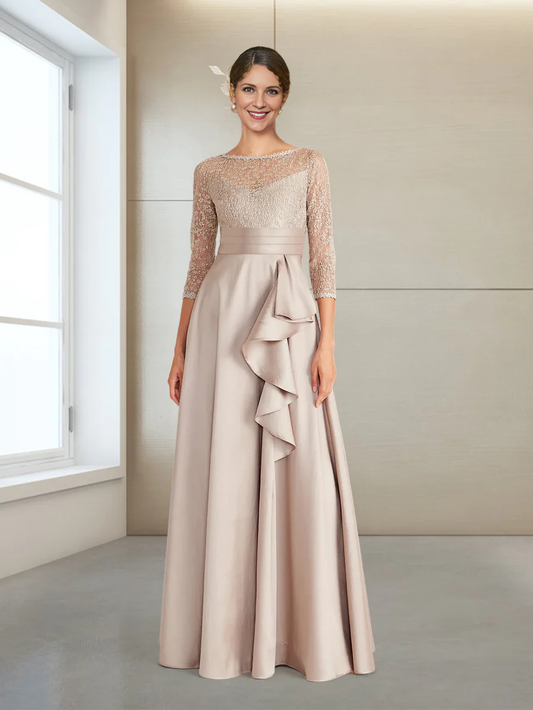 A-Line/Princess Scoop 3/4 Sleeves Floor-Length Evening Dresses Mother of the Bride Dresse with Appliques