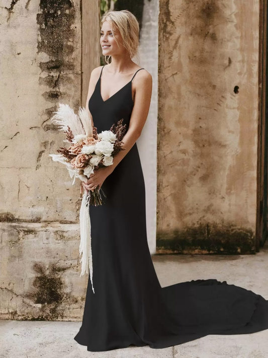 Gothic Wedding Dresses Mermaid Sleeveless Satin Backless Evening Dresses With Train Bridal Dress