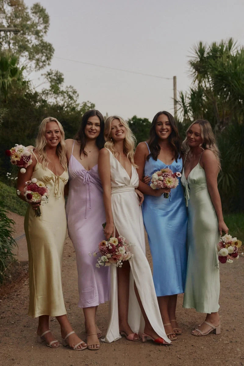 Sheath Silk Satin V Neck Bridesmaid Dresses with Straps
