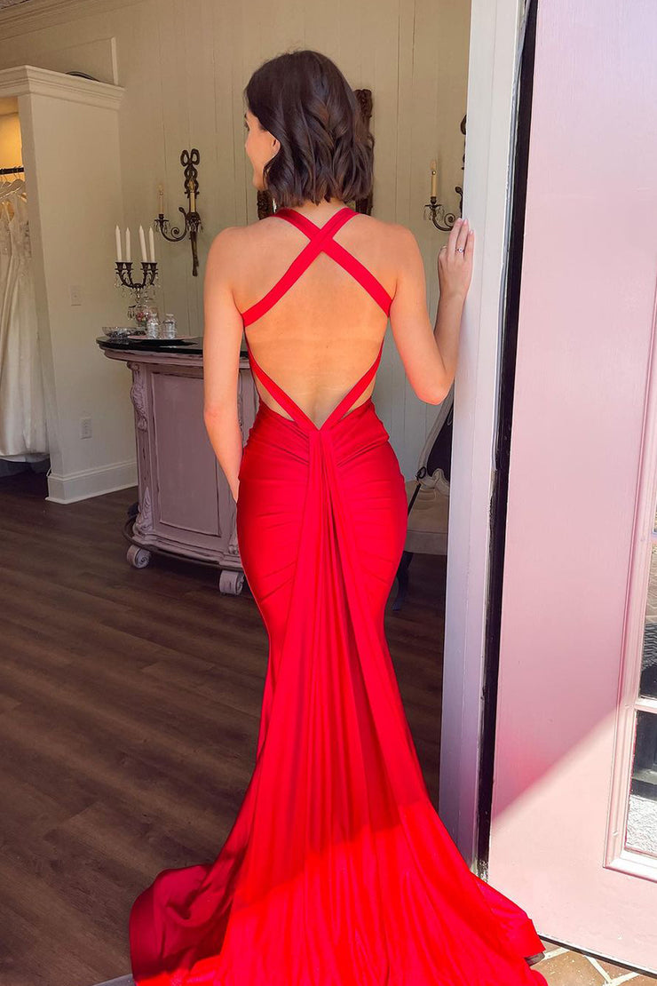 Elegant Mermaid V Neck Red Satin Long Prom Dresses
