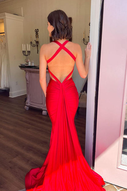 Elegant Mermaid V Neck Red Satin Long Prom Dresses