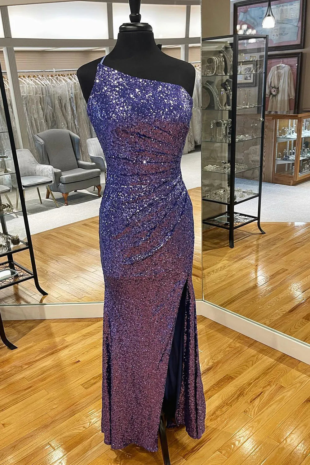 One Shoulder Sequins Mermaid Prom Dress Sweep/Brush Train Dresses with Slit