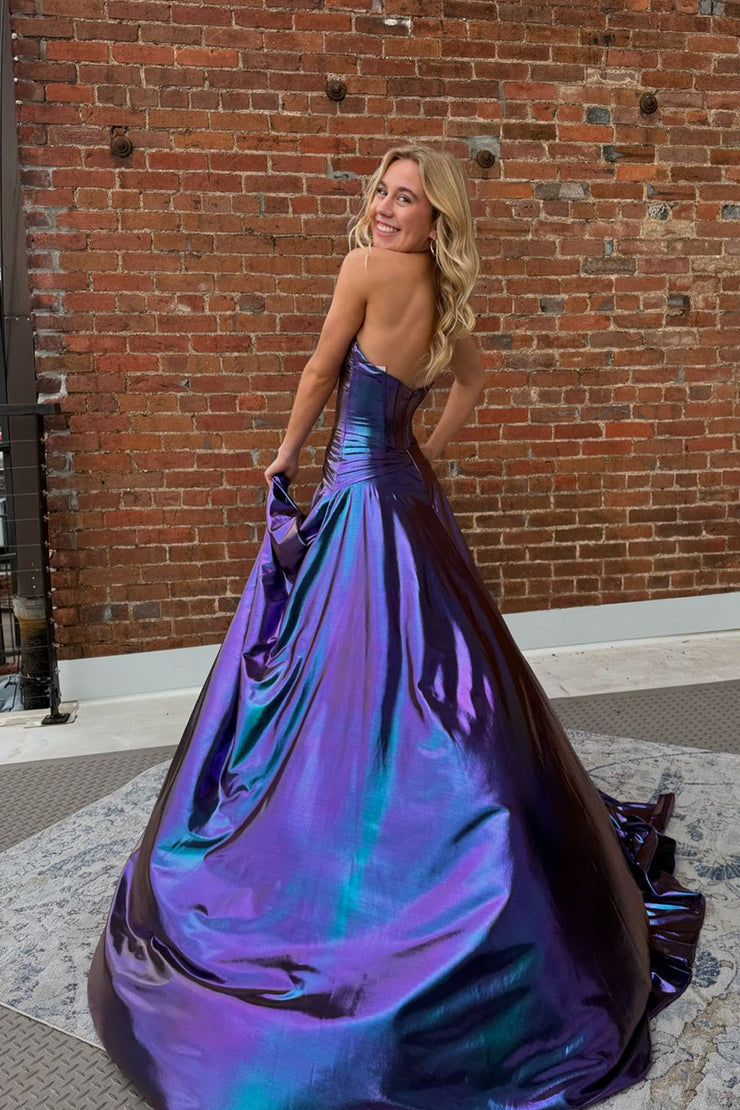 Gorgeous A Line Sweetheart Purple Satin Long Prom Dresses with Slit