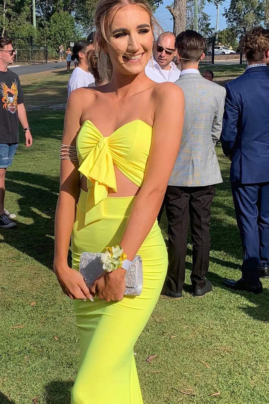 Two Piece Sweetheart Mermaid Yellow Prom Dress Sweep/Brush Train Dresses