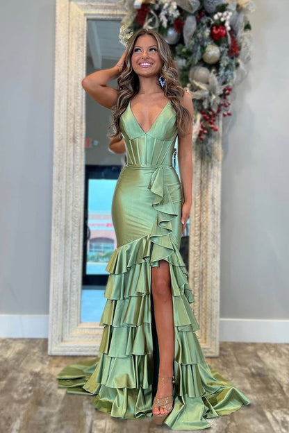 Cute Mermaid V Neck Sage Green Satin Long Prom Dress with Slit