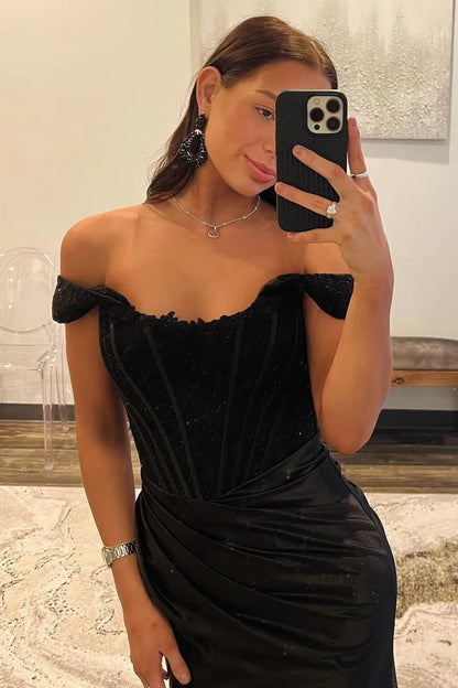 Black Off the Shoulder Satin Mermaid Long Prom Dresses with Slit