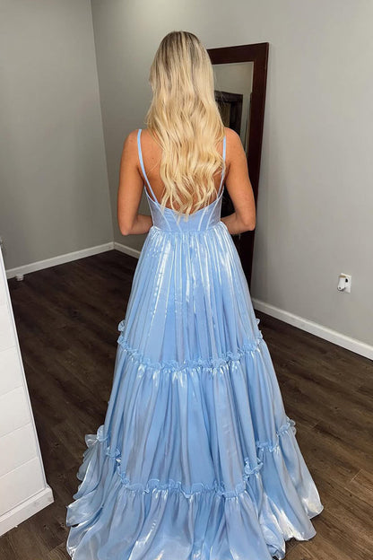 Cute A Line V Neck Glitter Organza Satin Prom Dress