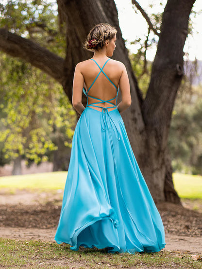 A-line Chiffon Floor Length Backless With Lace Up Back Prom Dress Bridesmaid Dress
