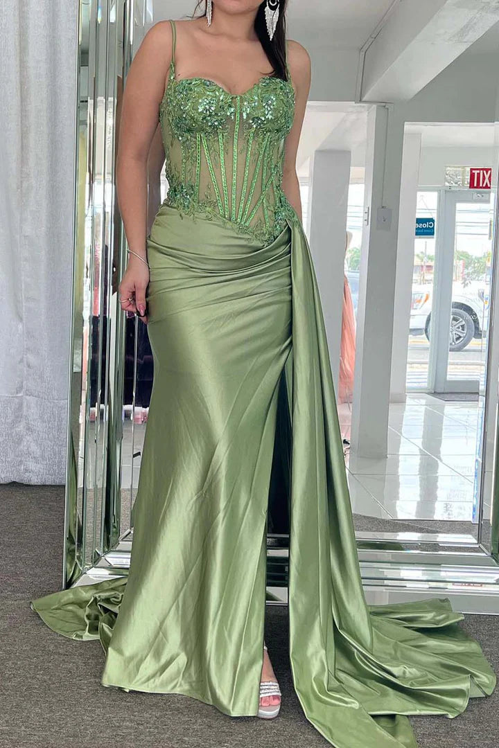Spaghetti Strap Corset Long/Floor-length Ruched Slit Satin Prom Dress With Appliques
