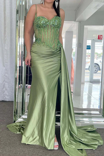 Spaghetti Strap Corset Long/Floor-length Ruched Slit Satin Prom Dress With Appliques