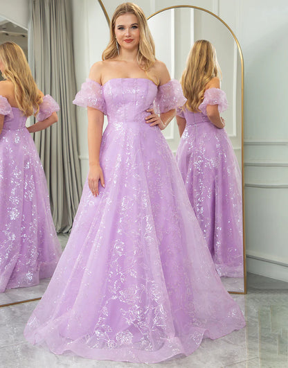 Sparkly Lilac Tulle A Line Off The Shoulder Long Prom Dress
