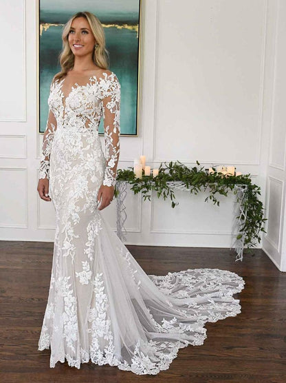 Mermaid Wedding Dress Illusion Neckline Long Sleeves Backless Lace With Train