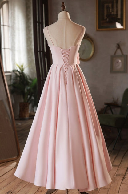 Cute A-Line Simple Pink Satin Bridesmaid Dress with Spaghetti Straps