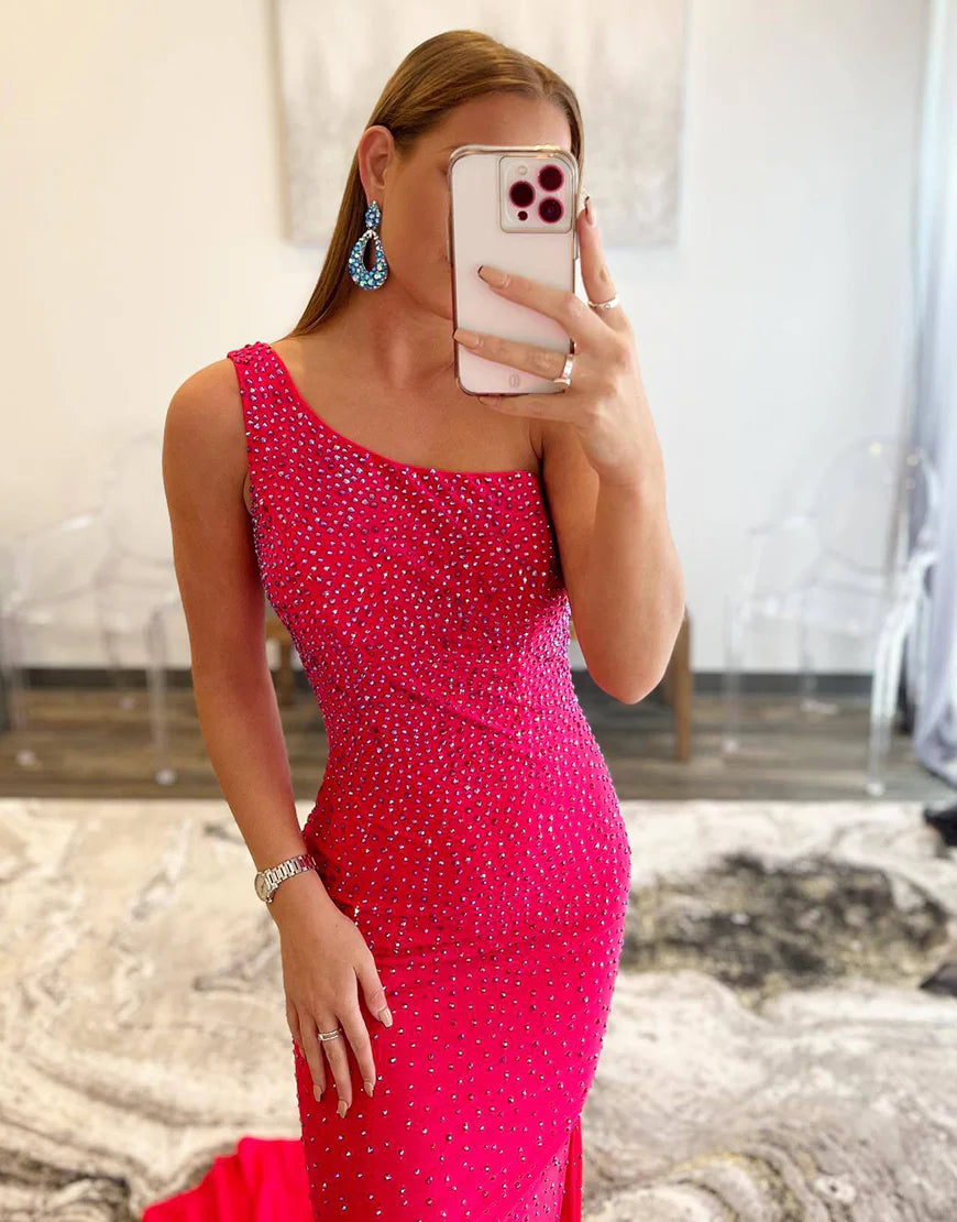 Fuchsia Long Dress One Shoulder Mermaid Beaded Prom Dress