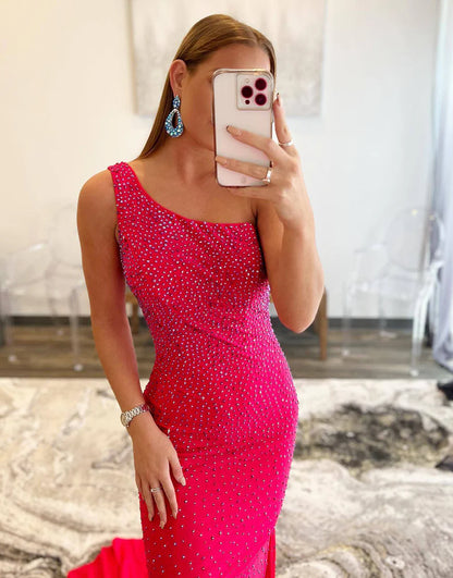 Fuchsia Long Dress One Shoulder Mermaid Beaded Prom Dress