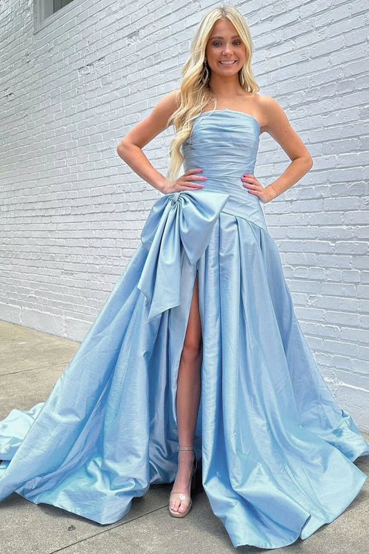 A-Line Strapless Light Blue Satin Long Prom Dress with Bow Court Train Dresses