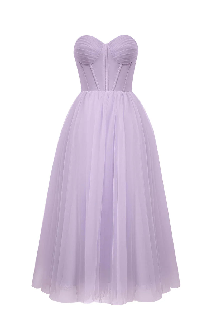 Cute A-Line Strapless Puffy Midi Tulle Dress Prom Dress