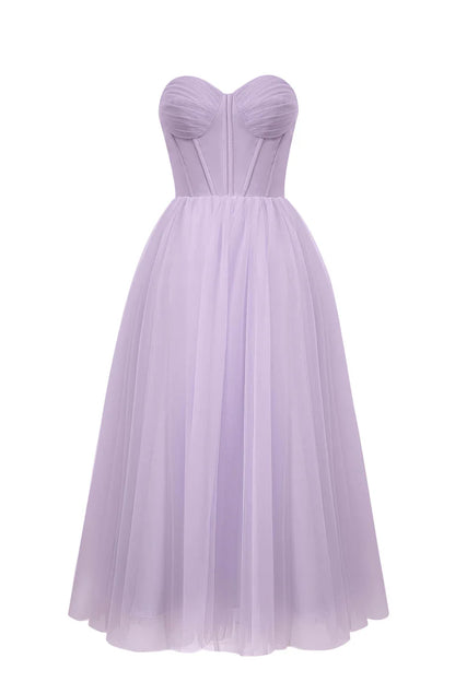 Cute A-Line Strapless Puffy Midi Tulle Dress Prom Dress