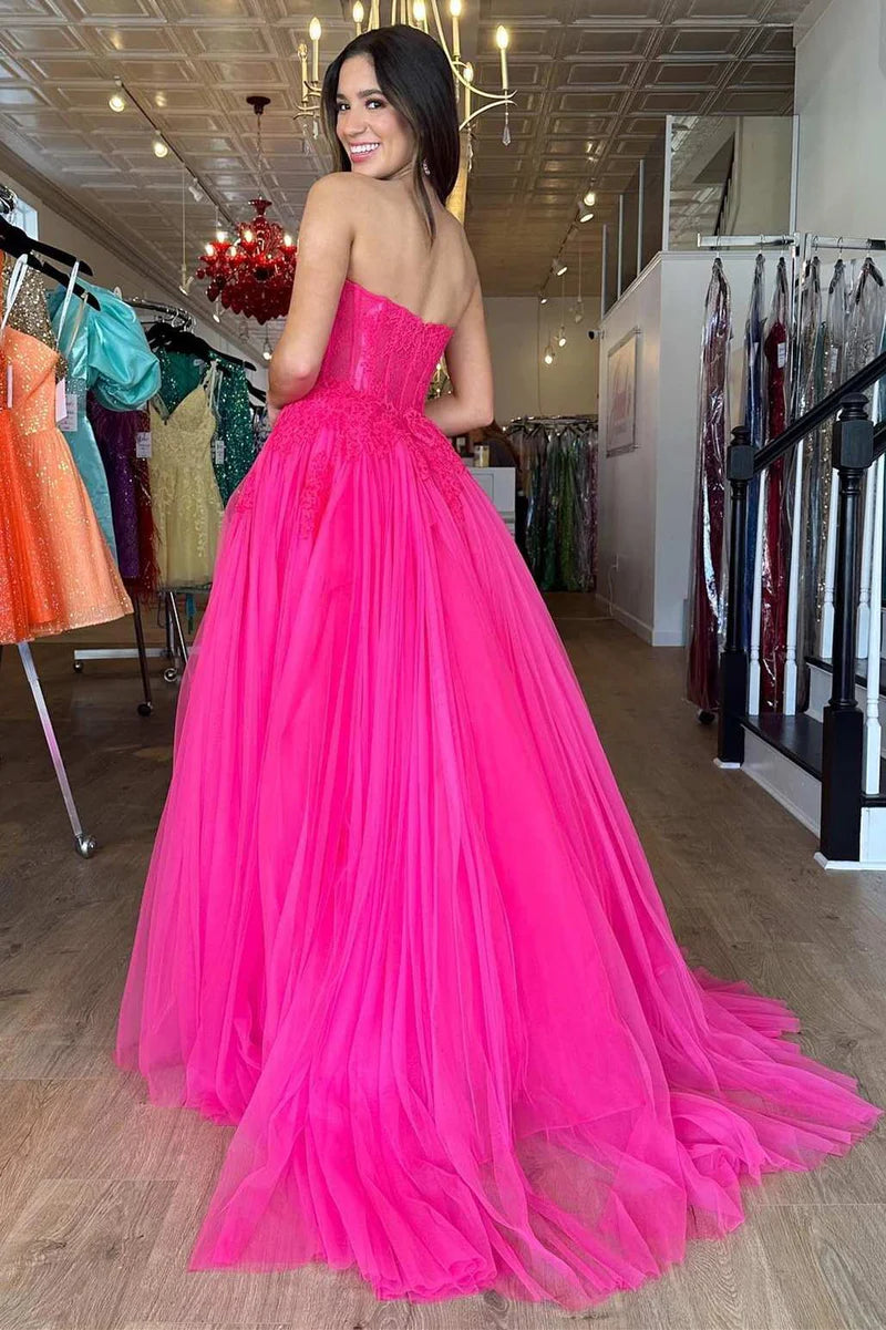 Hot Pink A-Line Hot Pink Tulle Lace StraplessLong Prom Dress