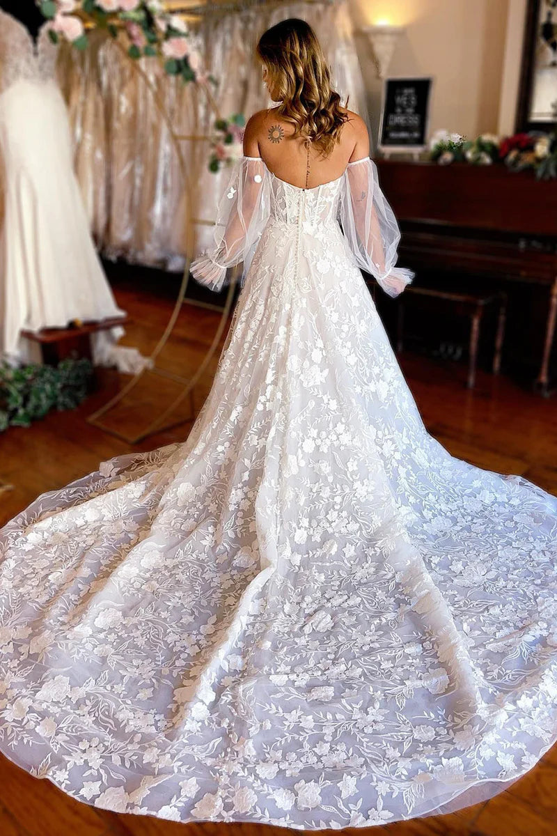 A-Line Ivory Sweetheart Corset Detachable Long Sleeves Long Lace Wedding Dress Court Train Dresses