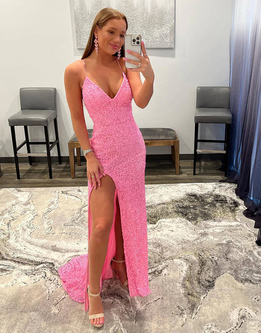 Sequins/Sparkling Pink V-Neck Long Prom Dress with Detachable Skirt