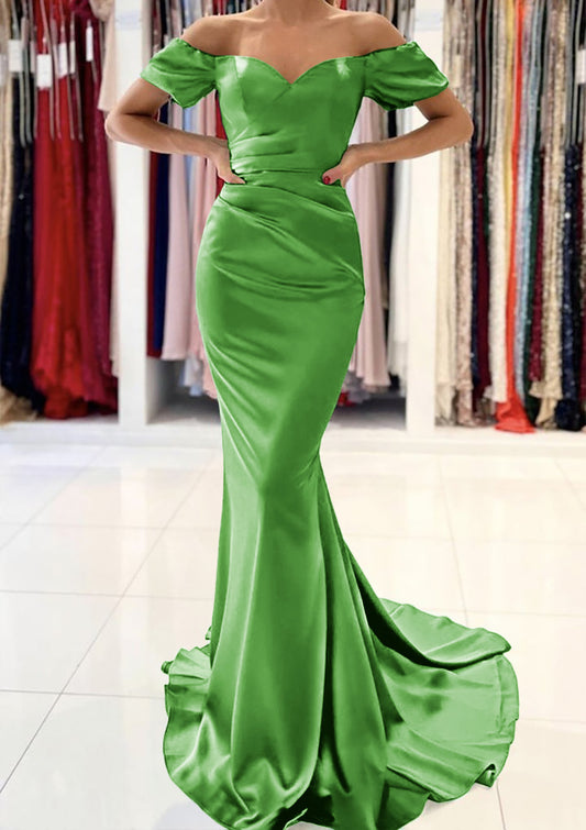 Mermaid Off-the-Shoulder Satin Sweep Train Prom Dress With Pleated