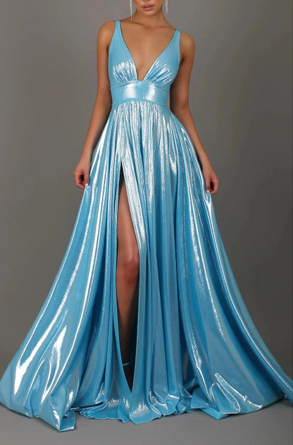 A-Line Prom Dresses Sparkle Floor Length Sleeveless V Neck Satin with Pleats Slit