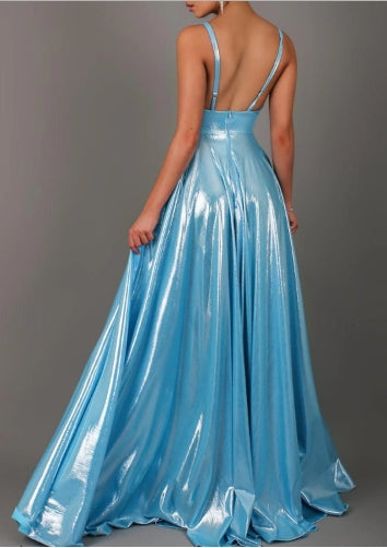 A-Line Prom Dresses Sparkle Floor Length Sleeveless V Neck Satin with Pleats Slit