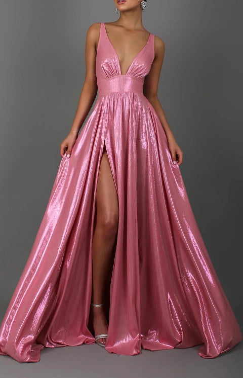 A-Line Prom Dresses Sparkle Floor Length Sleeveless V Neck Satin with Pleats Slit