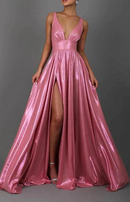 A-Line Prom Dresses Sparkle Floor Length Sleeveless V Neck Satin with Pleats Slit