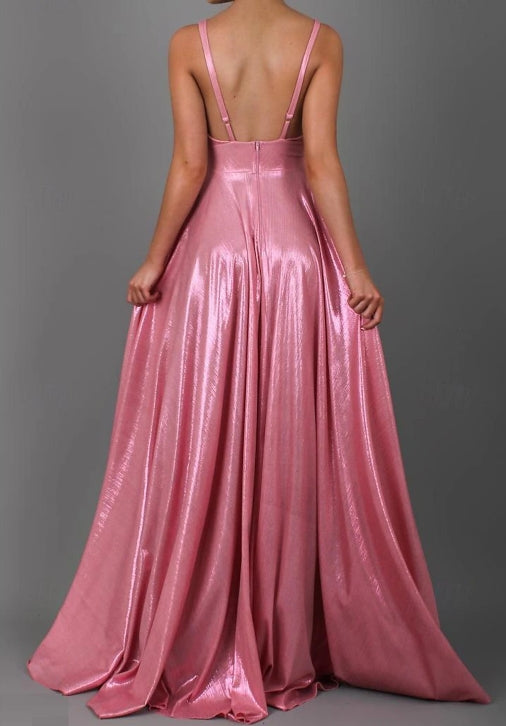 A-Line Prom Dresses Sparkle Floor Length Sleeveless V Neck Satin with Pleats Slit