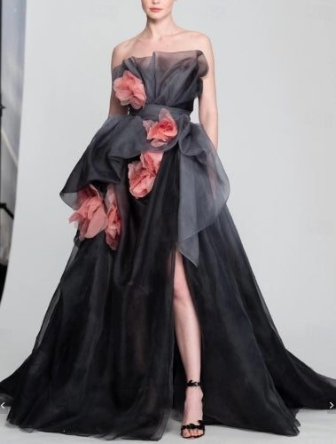 A-Line Prom Dresses Vintage Sweep / Brush Train Sleeveless Strapless Organza with Floral Print