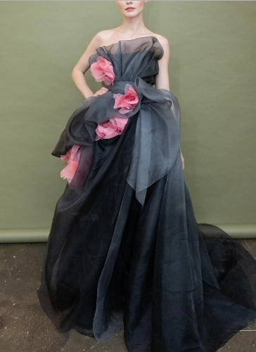 A-Line Prom Dresses Vintage Sweep / Brush Train Sleeveless Strapless Organza with Floral Print