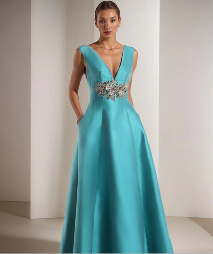 A-Line Prom Dresses Floor Length Sleeveless V Neck Pocket Satin with Appliques