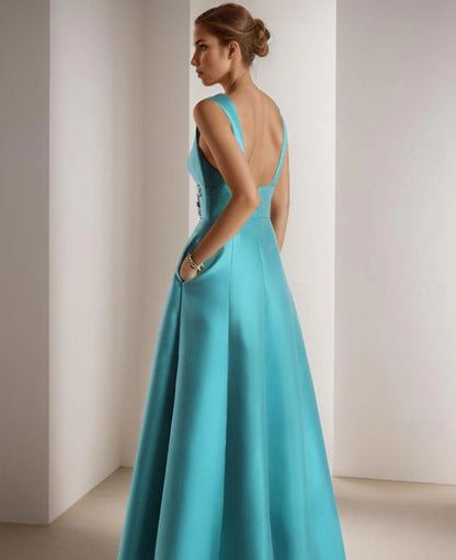 A-Line Prom Dresses Floor Length Sleeveless V Neck Pocket Satin with Appliques