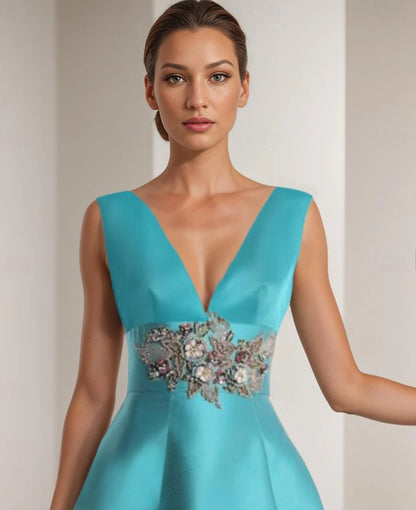 A-Line Prom Dresses Floor Length Sleeveless V Neck Pocket Satin with Appliques
