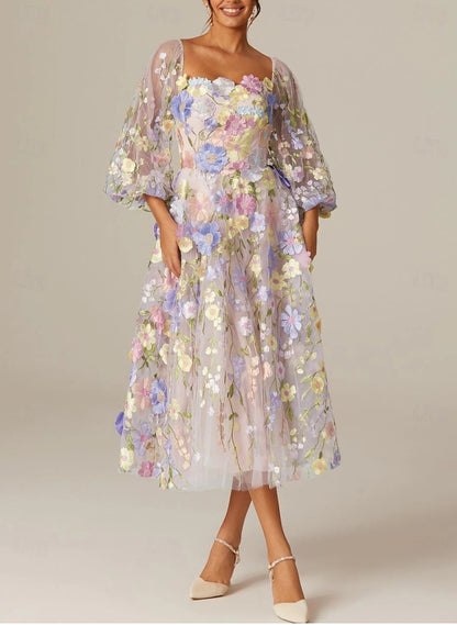 A-Line Prom Dresses Vintage Dress Long Sleeve Square Neck Tulle with Appliques