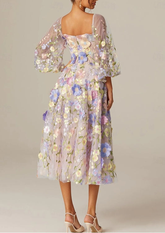 A-Line Prom Dresses Vintage Dress Long Sleeve Square Neck Tulle with Appliques