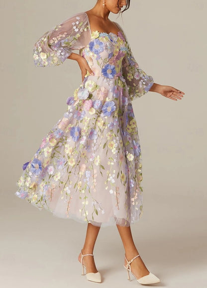 A-Line Prom Dresses Vintage Dress Long Sleeve Square Neck Tulle with Appliques
