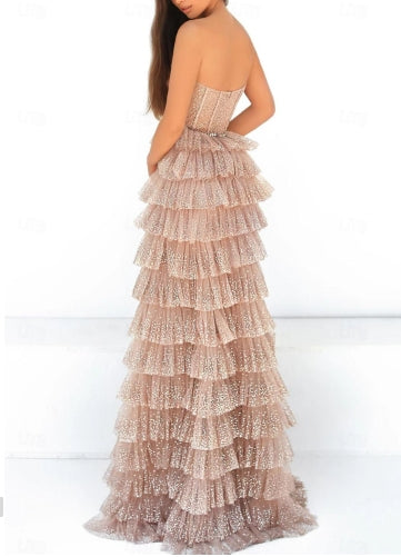 Ball Gown A-Line Prom Dresses Sleeveless Strapless Tulle with Sequin Slit