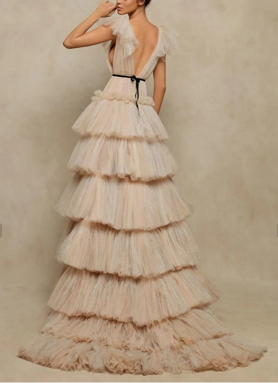 A-Line Prom Dress Sweep / Brush Train Sleeveless V Neck Tulle V Back with Ruffles